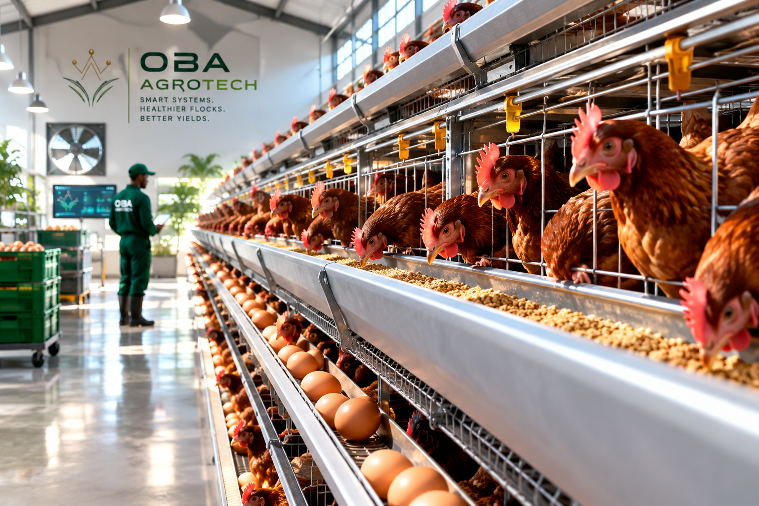 Modern commercial poultry house with laying hens